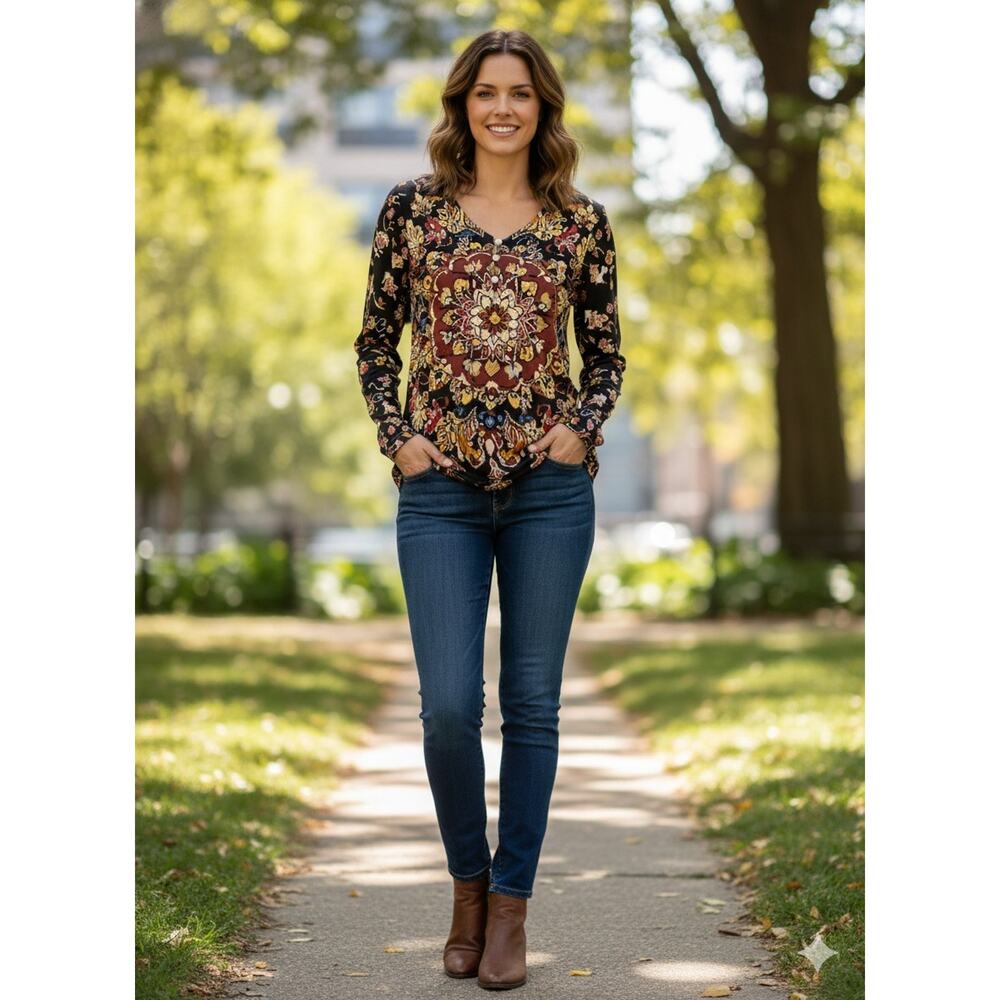 Women's size Small Lightweight Long Sleeve V Neck Blouse Top Kaleidoscope